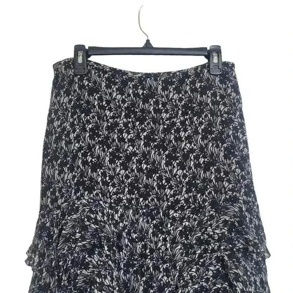 Ann Taylor Women's Black & White Silk Chiffon Floral Layered Ruffle Lined A-Line - Picture 4 of 9